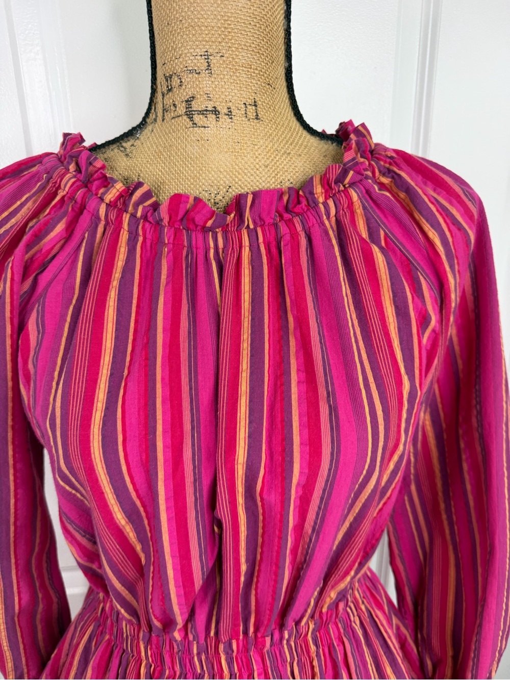 BURU Size S Pink Striped Cotton Long Sleeve Tiered Mini Dress - Picture 3 of 11